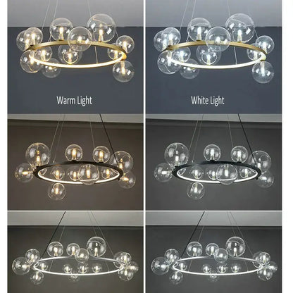 Modern glass chandelier lamp with circular frame and clear glass spheres in black and gold for kitchen island lighting