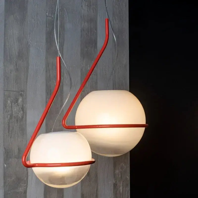 Modern glass globe pendant lamp with frosted white spheres and red metal arms for kitchen island decorbites glass globe pendant lamp