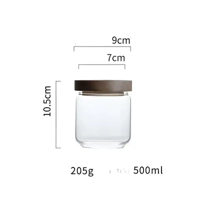 Clear glass hermetic storage jar with dark brown airtight lids by decorbites measuring 10.5cm tall and 500ml capacity