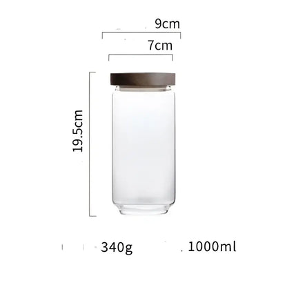 Clear glass hermetic storage jar with dark brown wooden airtight lid 19.5cm tall 1000ml decorbites glass hermetic jar