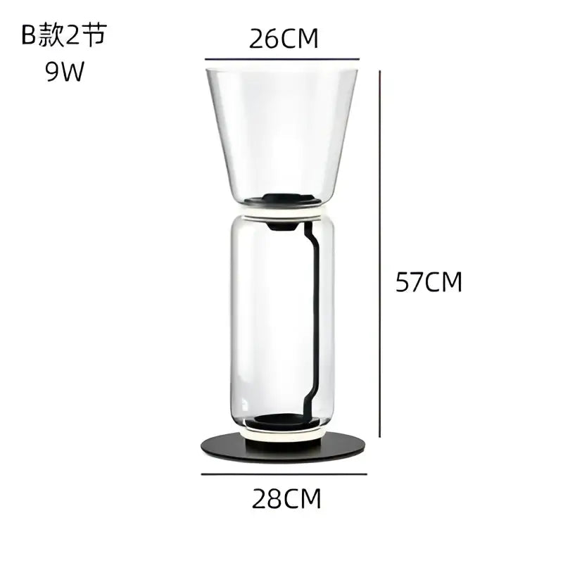 Modern glass led floor lamp with clear glass double-tiered vase featuring black base and rim for living room use