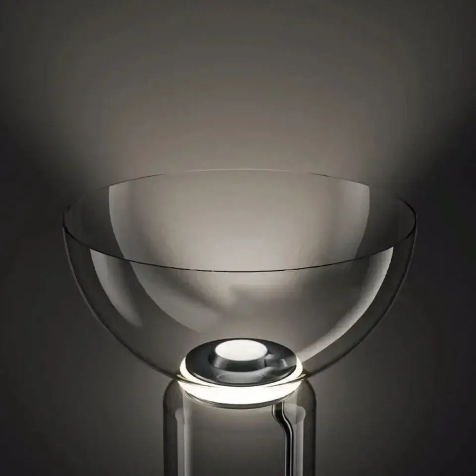Modern glass led floor lamp with sleek transparent bowl-shaped shade and minimalist metallic base for living room
