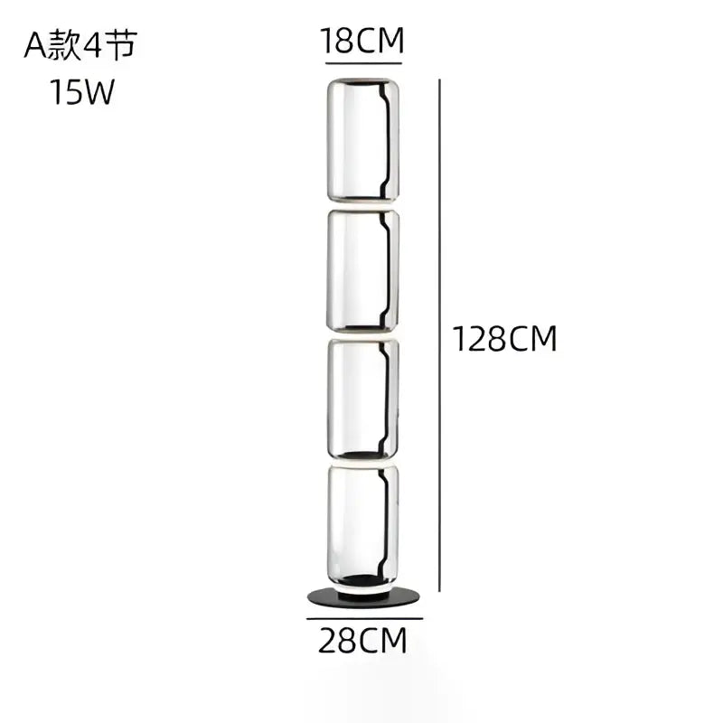 A sleek modern led floor lamp with four transparent glass sections and a black base for living room use