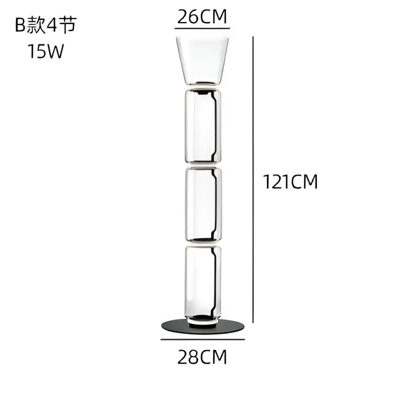 Tall modern glass led floor lamp with transparent candle holder and black base for living room lighting