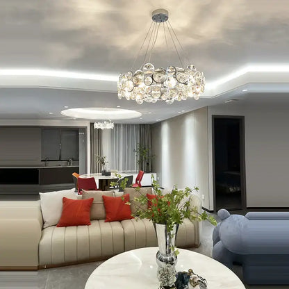 Modern glass orb crystal magic ring pendant light with clear glass orbs and sleek metallic frame for living room decorbites crystal magic