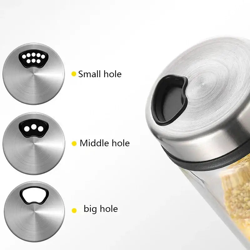 Modern glass seasoning spice shaker salt with stainless steel lid clear body and black rubber seal for kitchen storage