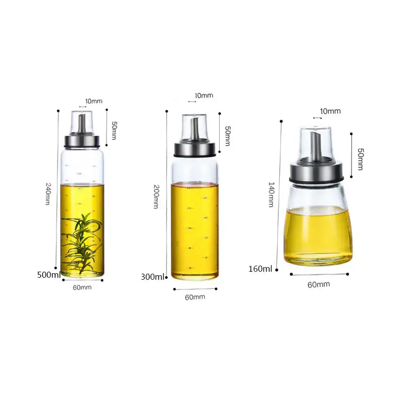 Modern glass seasoning storage bottle set with three transparent glass dispensers and silver metal pour spouts