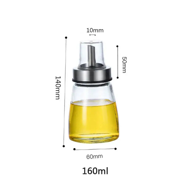 Modern glass seasoning storage bottle with clear glass, stainless steel pump, handle, and 160ml golden-yellow oil