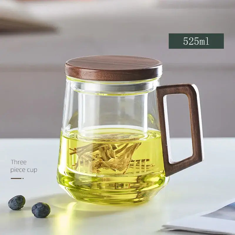 Modern decorbites glass tea cup with 525ml clear glass, dark wood handle and lid, featuring inner strainer for tea steeping
