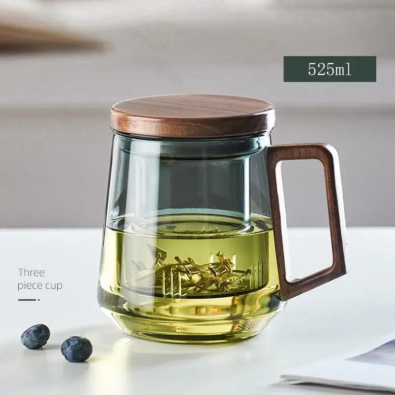 Modern decorbites glass tea cup with transparent glass body wooden handle lid and inner divider for steeping loose leaves