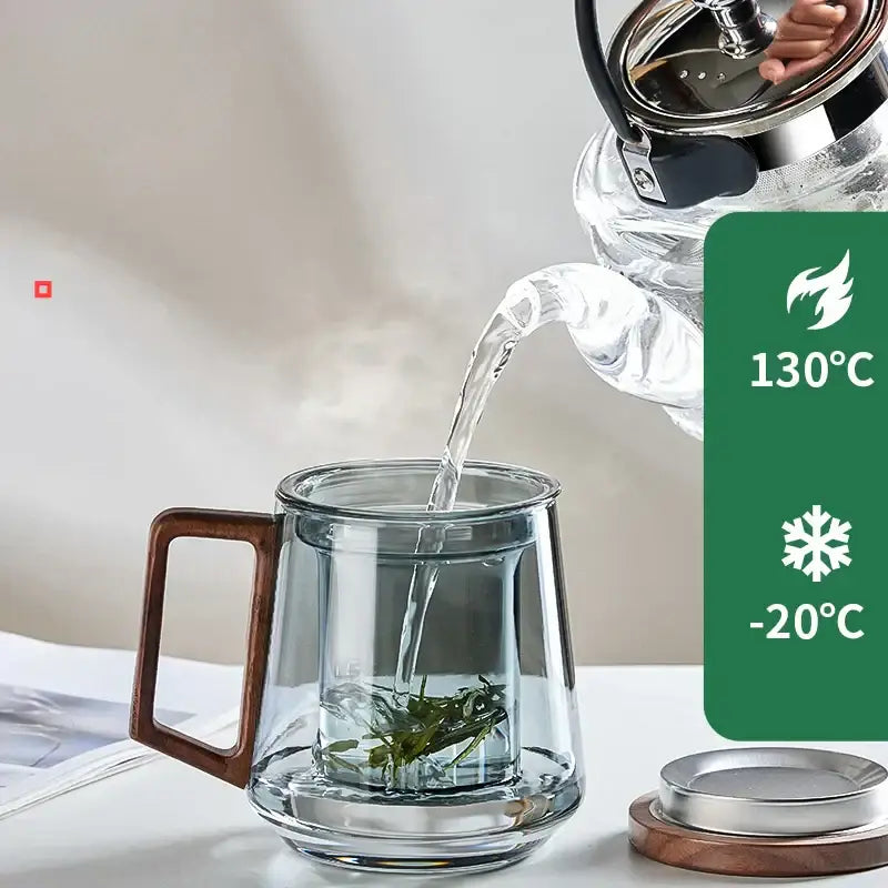 Modern glass tea cup with wood handle featuring a clear double-walled glass design and internal infuser for decorbites glass tea