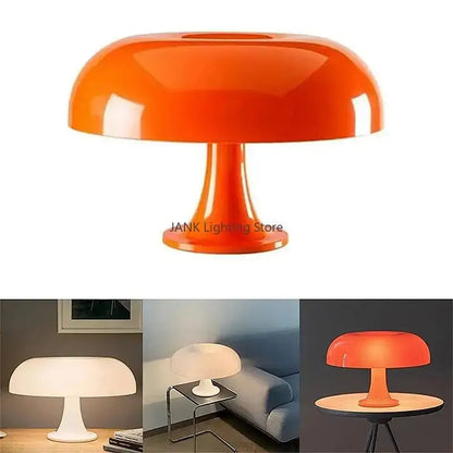 Vibrant orange glossy mushroom table lamp with sleek tapered base ideal for modern bedroom led lighting