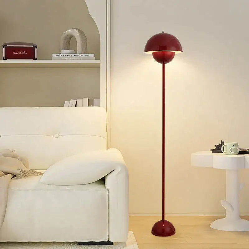 A sleek glossy red floor lamp with a dome-shaped shade and slender stem featuring e27 led modern lighting