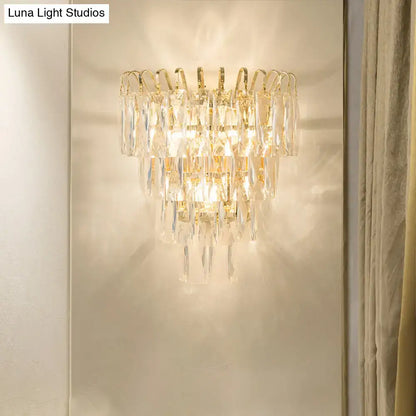 Modern gold 3 head crystal wall sconce with cascading clear prisms compatible with e12 e14 bulb base 220v-240v