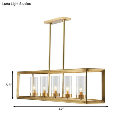 Decorbites gold pendant light with five clear glass cylinders suitable for dining room island lighting