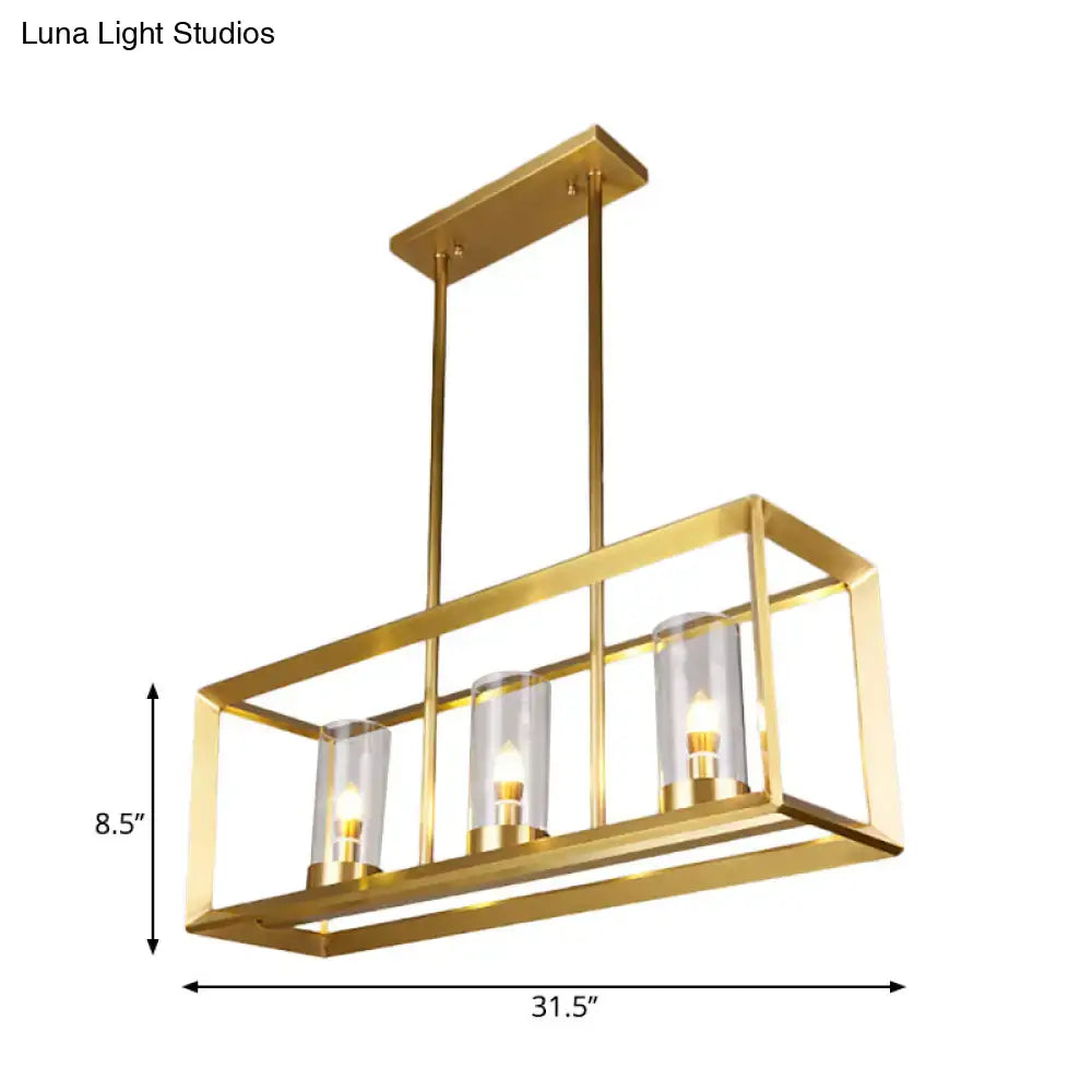 Decorbites gold pendant light with clear glass shades featuring three illuminated cylinders for dining room use