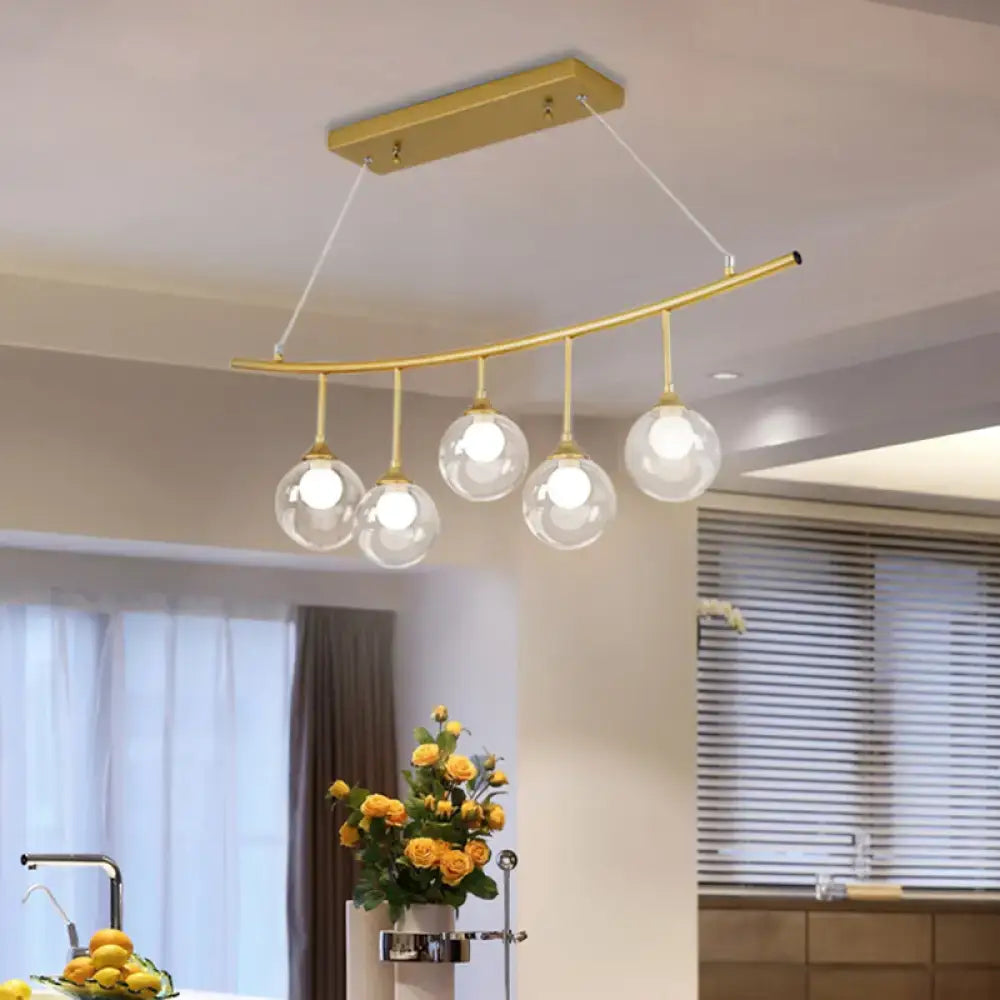 Decorbites modern 5-bulb gold island pendant light with clear glass shade and curved brass arm for 220v-240v use