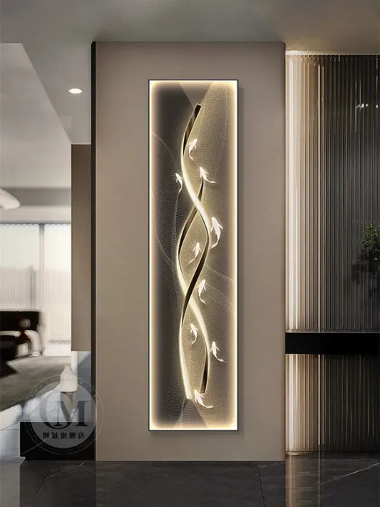 A sleek decorbites dimmi modern wall lamp featuring illuminated gold abstract flowing lines and bird shapes for living room decor