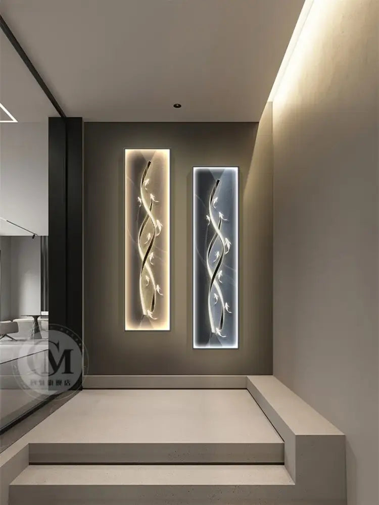 Modern gold abstract wall lamp featuring two illuminated dimmi modern abstract metallic silver and black decorbites dimmi modern panels