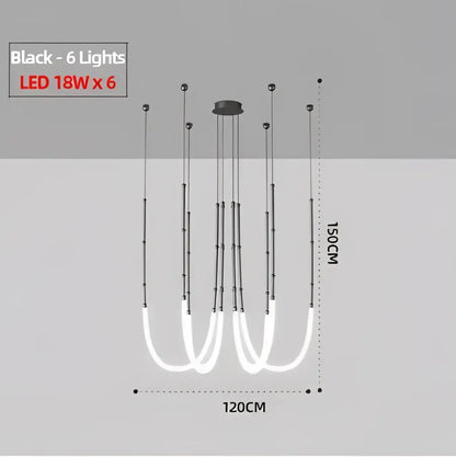 Black pendant light with six led bulbs in brushed nickel and acrylic construction, 150cm height and 120cm width