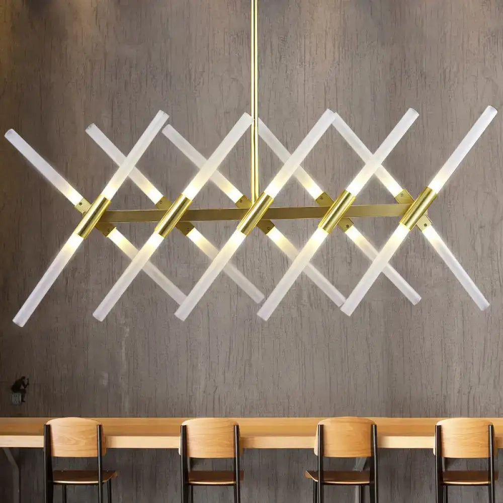 Decorbites™ contemporary tubular acrylic island light with 20 gold pendant heads and translucent acrylic rods in crisscross design