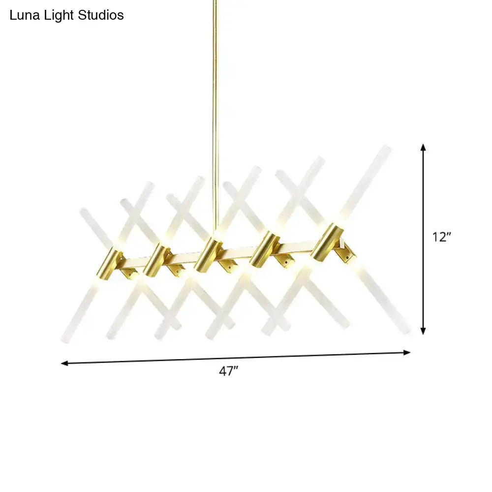 Modern gold DecorBites™ 20-head tubular acrylic island light with white rods and brass accents for contemporary spaces