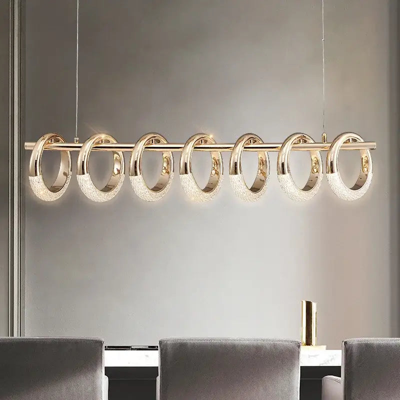 Modern gold acrylic led 6 ring pendant lights with crystal accents for dining room featuring acrylic led pendant design