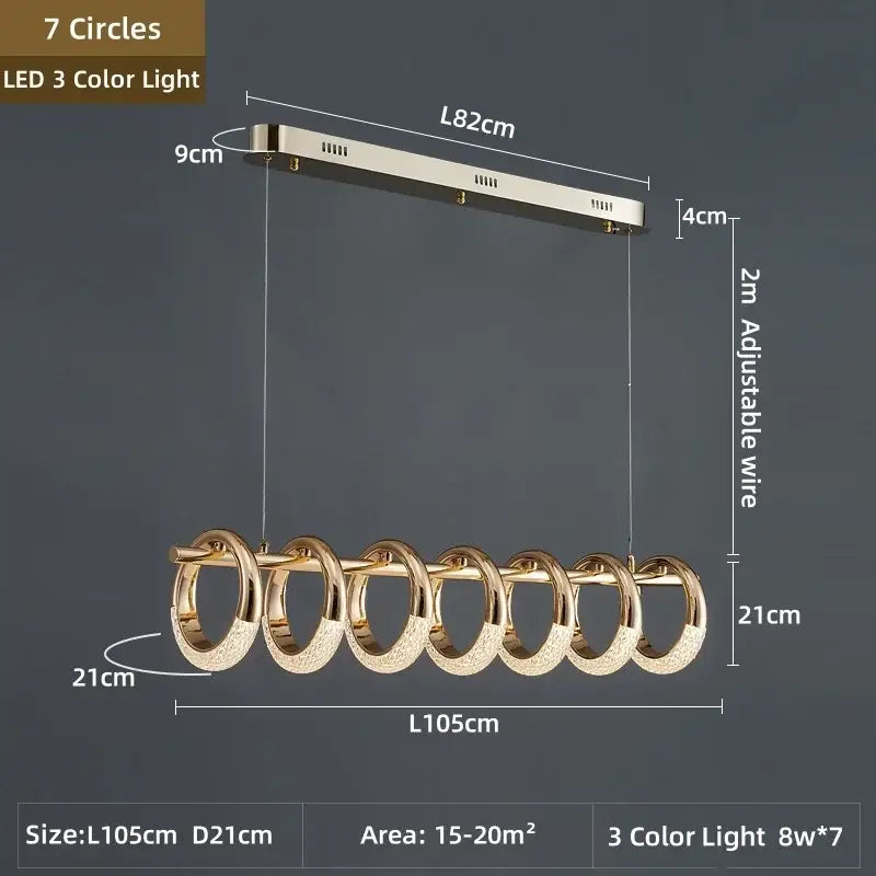Modern gold acrylic led pendant lights with seven circular rings and three color options for dining room lighting