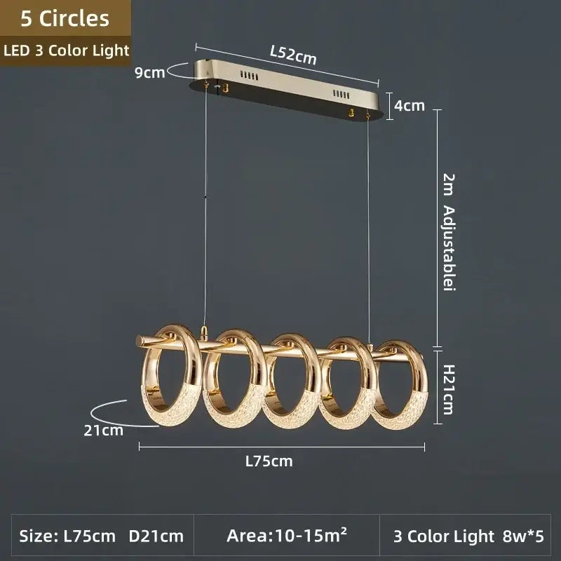 Modern gold acrylic led pendant lights with six textured circular rings and an adjustable rectangular mounting bar for dining room