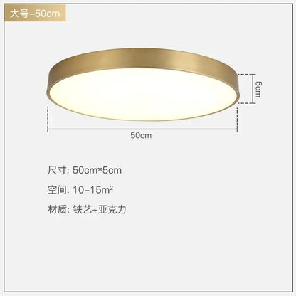 A modern gold acrylic led ceiling light with a brushed brass frame and frosted diffuser for living room use