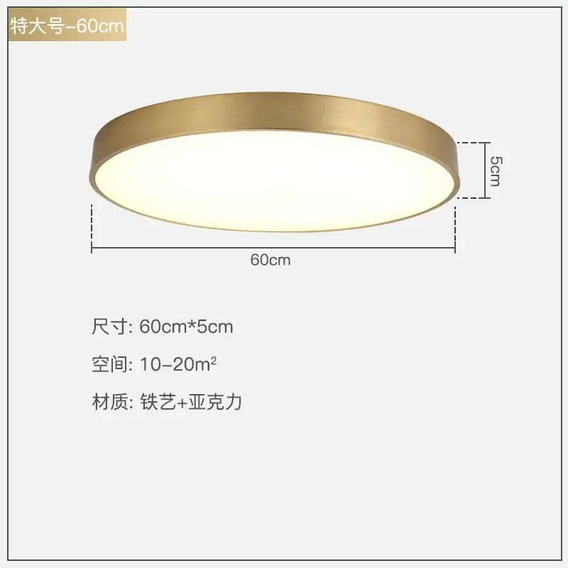 A modern gold acrylic led ceiling light with a brushed brass frame and frosted acrylic diffuser for living room