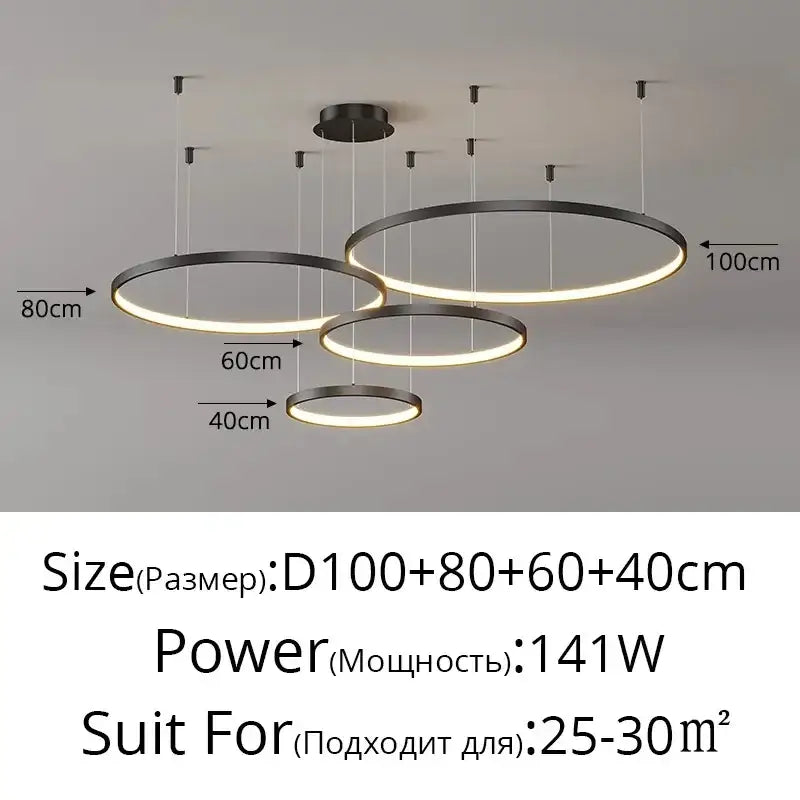 Modern black circular pendant light with multiple concentric acrylic led rings and warm white lighting for dining room decorbites acrylic led