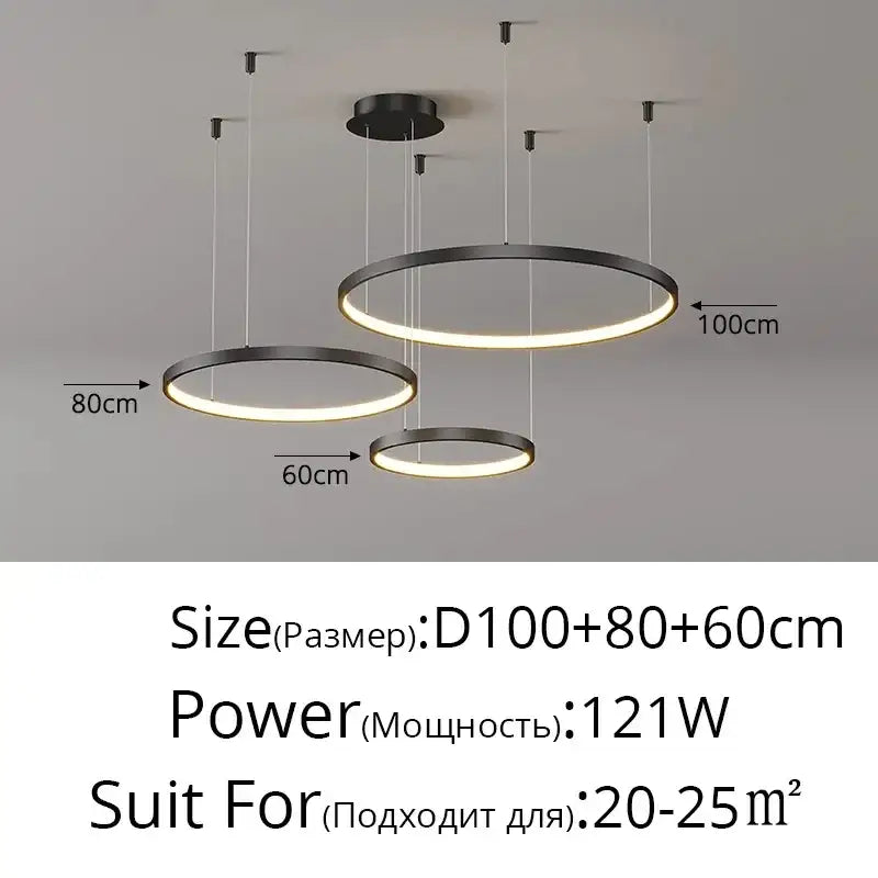 Modern black circular pendant light with three concentric acrylic led rings emitting warm glow for dining room decorbites acrylic led