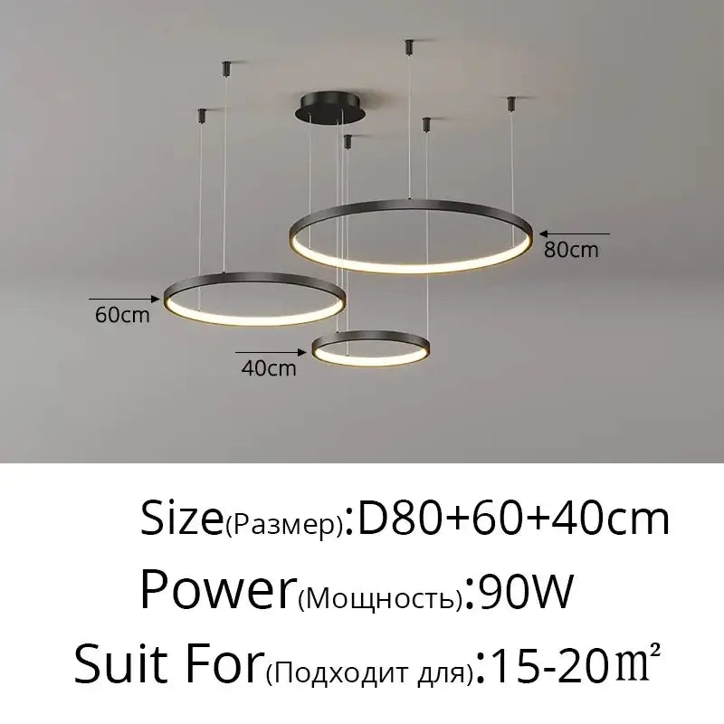 Modern black circular acrylic led ring pendant light with three rings emitting a warm glow for dining room decorbites acrylic led