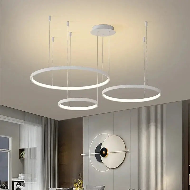 Modern white circular pendant light with sleek minimalist design featuring decorbites acrylic led ring for dining room