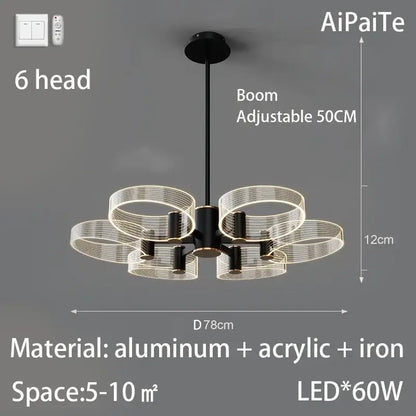 Modern gold decorbites acrylic lustre chandelier with black and clear acrylic six adjustable led light heads for living room