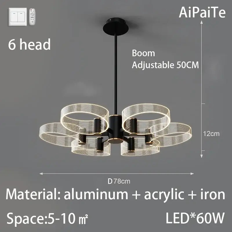Modern gold decorbites acrylic lustre chandelier with black and clear acrylic six adjustable led light heads for living room
