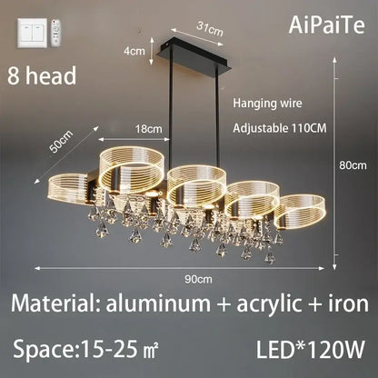 Modern gold acrylic lustre chandelier with eight-head led, aluminum frame, crystal droplets, and decorbites acrylic lustre design