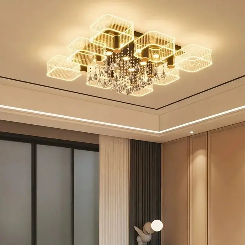 Modern gold acrylic lustre chandelier with geometric square frames and crystal droplets decorbites acrylic lustre decorbites acrylic