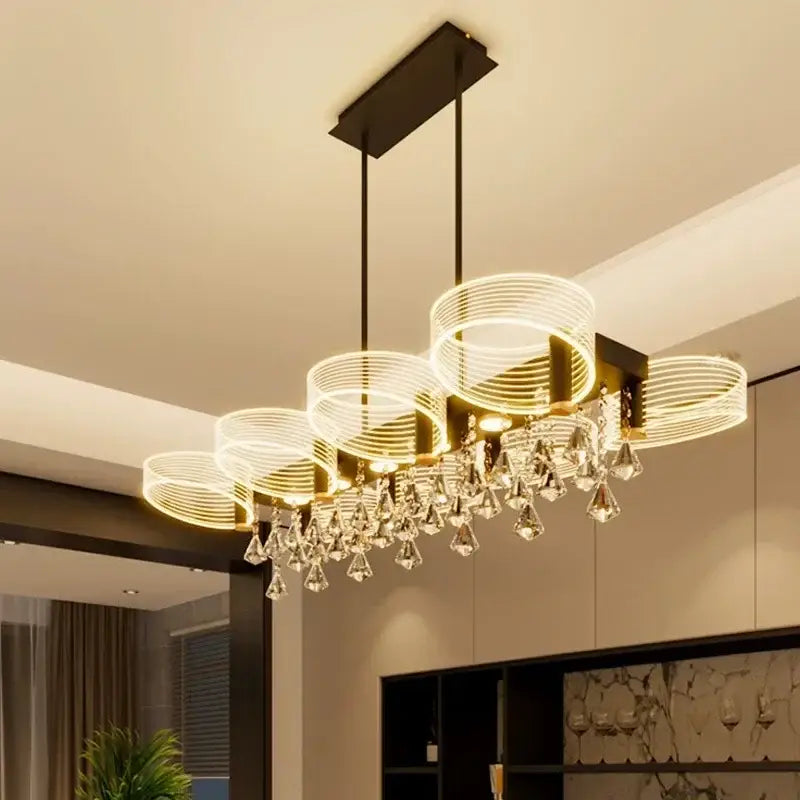 Modern gold acrylic lustre chandelier with circular wireframe rings and crystal droplets for living room decorbites acrylic lustre