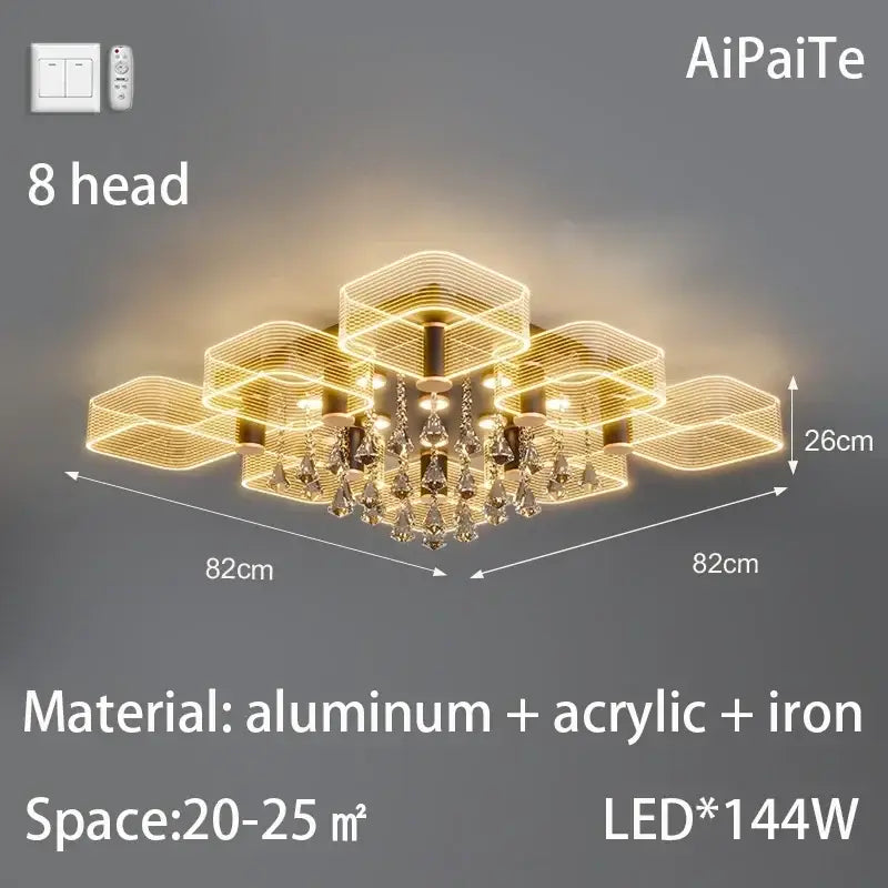 Modern gold acrylic lustre chandelier with eight hexagonal light heads and crystal droplets by decorbites acrylic lustre