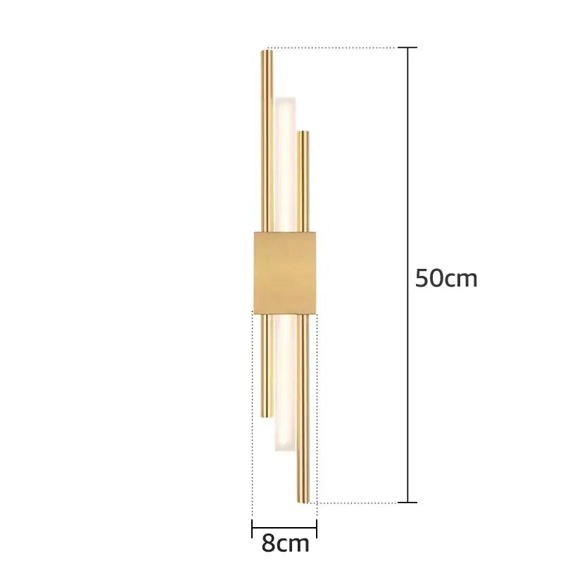 Modern gold acrylic pipe led wall lamp with three vertical glass tubes and a rectangular metal plate wall sconce 50cm tall