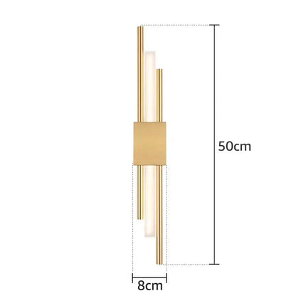 Modern gold acrylic pipe led wall lamp with three vertical glass tubes and a rectangular metal plate wall sconce 50cm tall