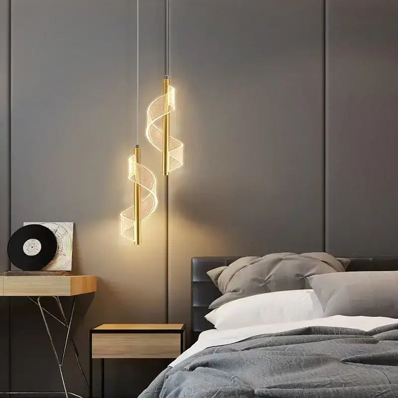 Modern gold acrylic spiral pendant lamp with a minimalist design for bedroom decorbites acrylic spiral lighting