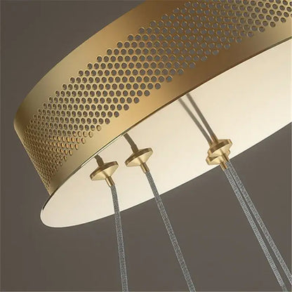 Modern gold adara luxury led chandelier features a gold-toned perforated metal pendant with three hanging cords for dining room decorbites adara luxury