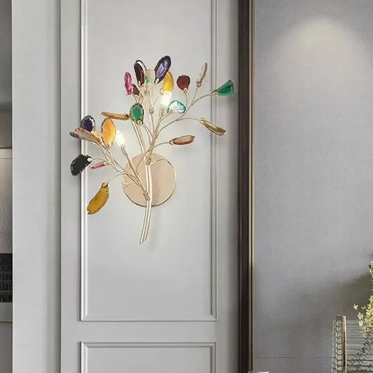 Modern gold agate led wall lamp sconce with colorful gemstone leaves in gold-toned metal frame for bedroom decorbites agate led