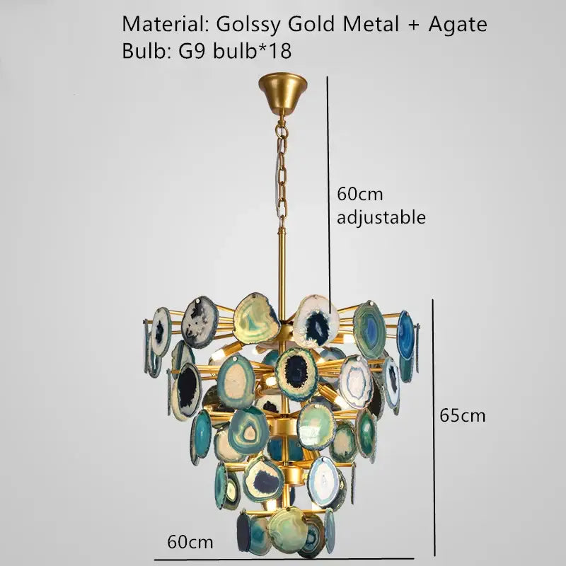A modern gold agate led wall lamp sconce with a glossy metal frame and blue green white agate slices decorbites agate led