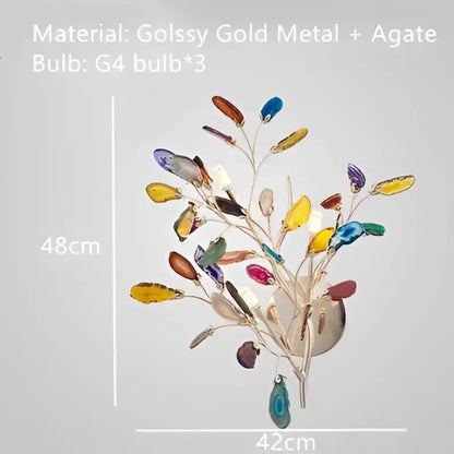 A vibrant modern gold agate led wall lamp sconce with glossy metal branches and colorful gemstone decor by decorbites