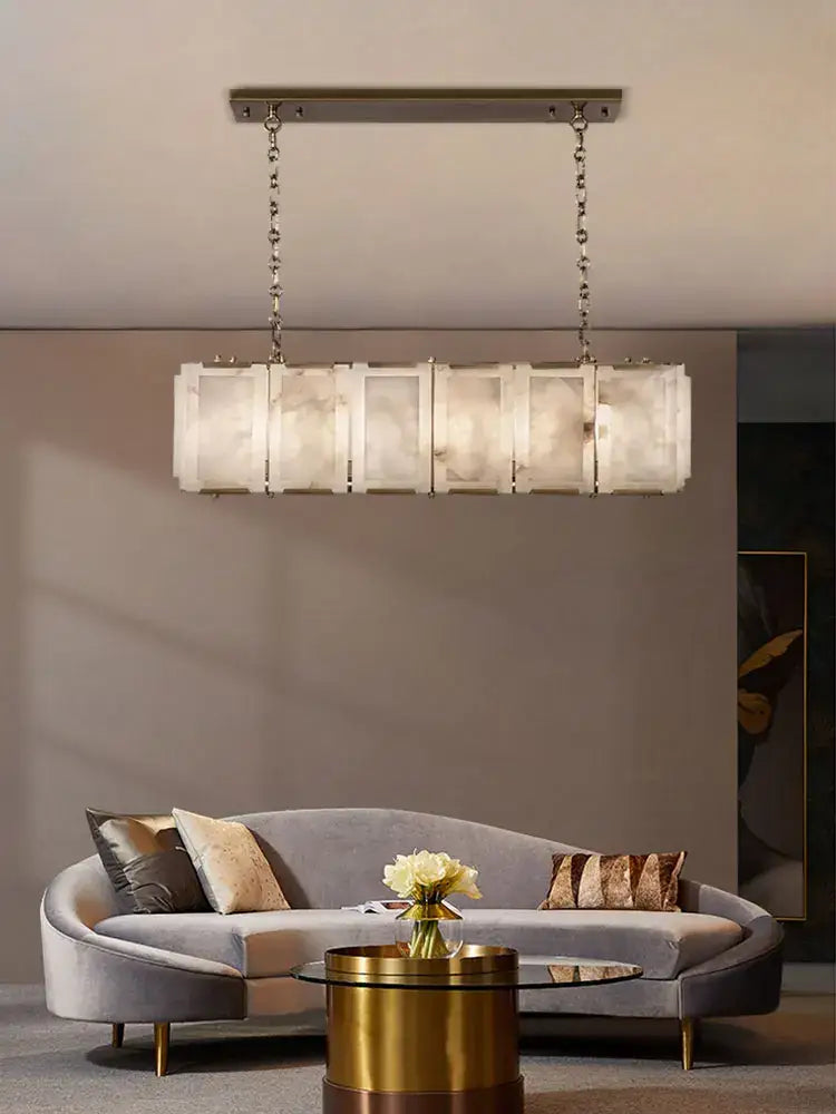 Modern gold alabaster dimmable led marble art chandelier with frosted glass panels and metallic chains for dining room decorbites dimmable led