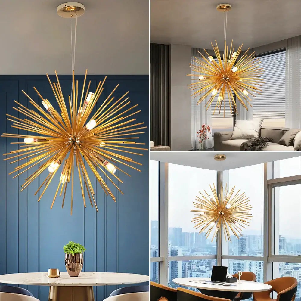 Modern gold aluminum dandelion pendant light with slender metallic arms and exposed bulbs for dining room use